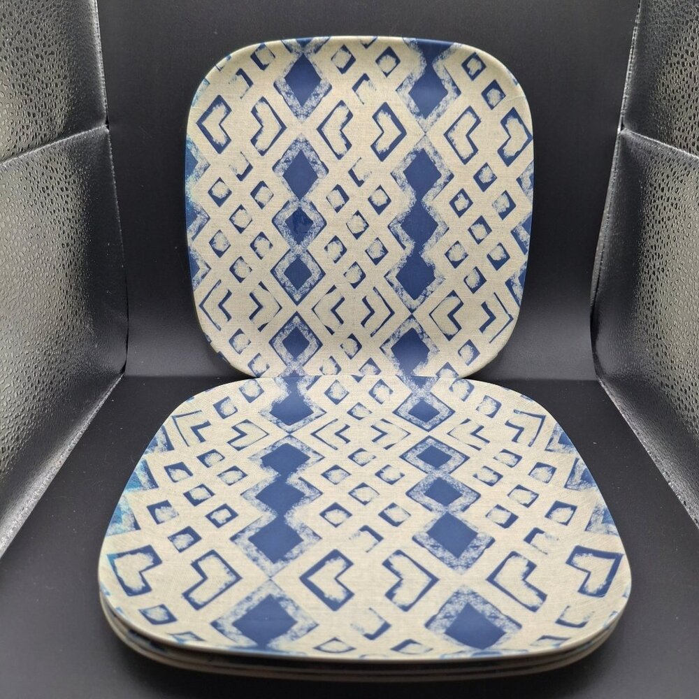 Patina Vie Square Melamine Snack Plates 7.3.4 Blue  White Geometric Set Of 4